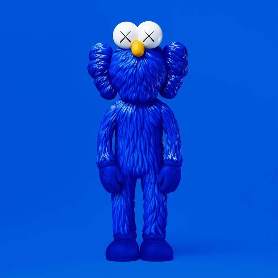Blue KAWS figure with crossed eyes on blue background — Blue Kaws Wallpaper