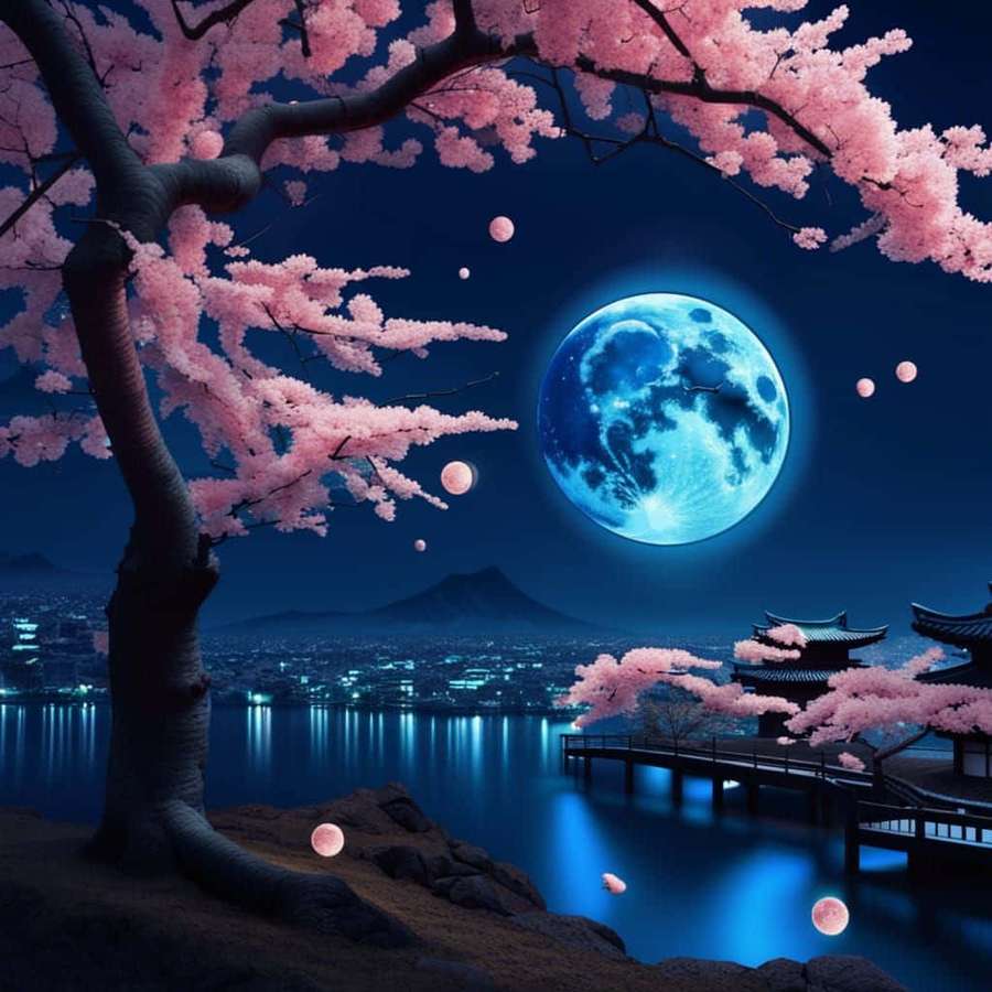 Rosa Kirschblüten umrahmen einen leuchtenden blauen Mond über einem traditionellen japanischen Pavillon und der Stadt bei Nacht. — Blue Moon Wallpaper