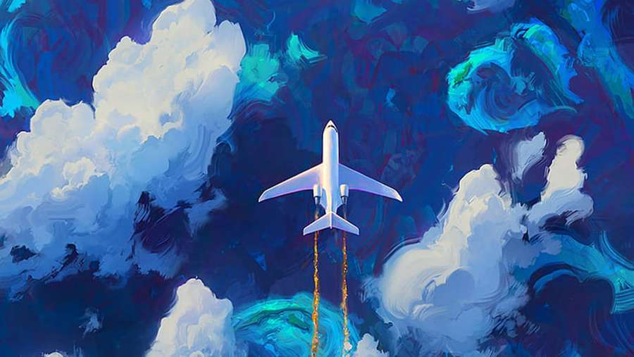 White airplane flying upward through colorful clouds with fiery exhaust trails. — Blue Painting Wallpaper