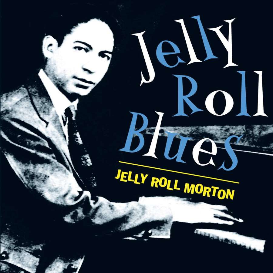 Jelly Roll Morton playing piano on vintage jazz album cover with bold typography. — Blues Background
