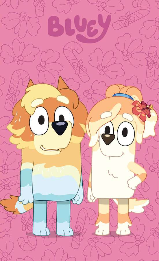 Dos perros de dibujos animados sonriendo sobre un fondo rosa con patrón de bastones de caramelo y flores. — Bluey Navidad Fondos de pantalla