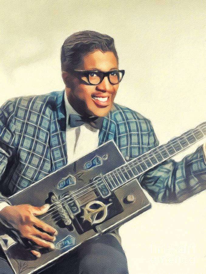 Mann mit Brille und kariertem Anzug spielt E-Gitarre — Bo Diddley Bilder