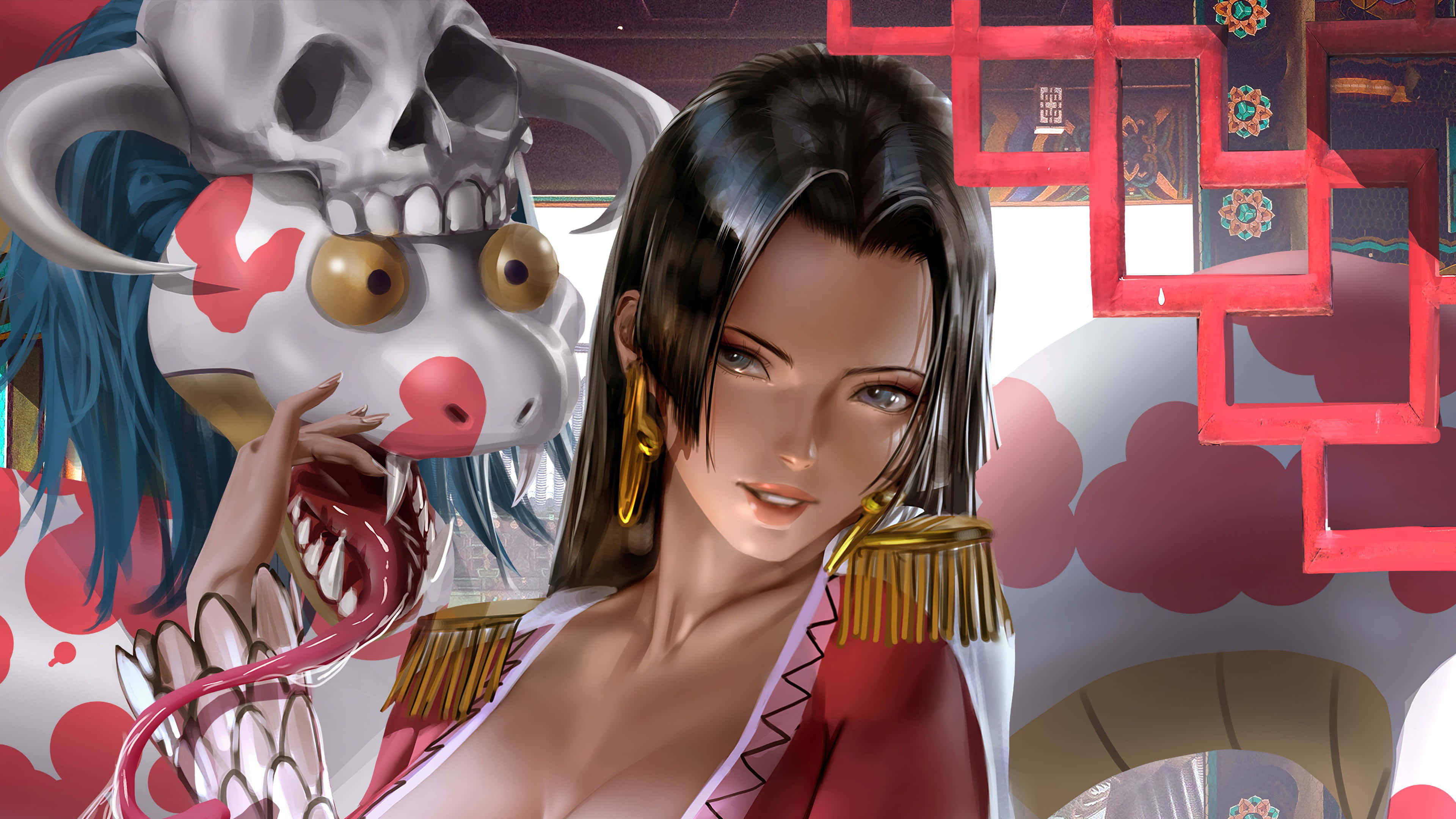 Anime woman with gold earrings beside a skull-headed creature with blue hair and red markings. — Boa Hancock Wallpaper