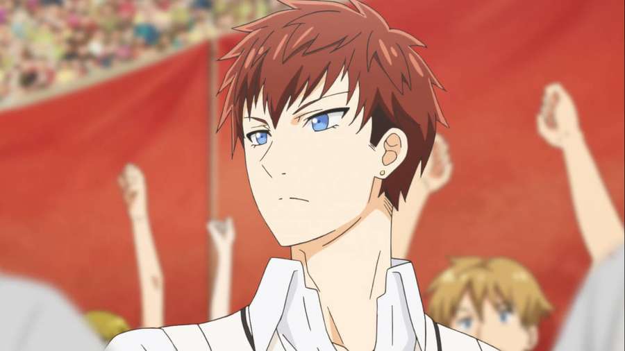 Anime boy with red hair and blue eyes in a cheering crowd at a stadium. — Boarding Background