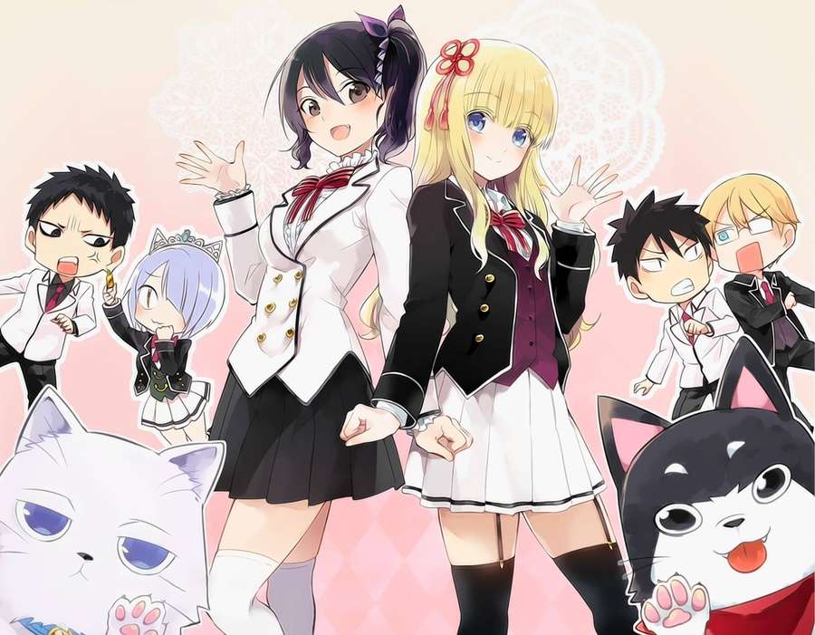 Anime students in school uniforms wave with cat companions on a pink background. — Boarding school juliet Wallpaper