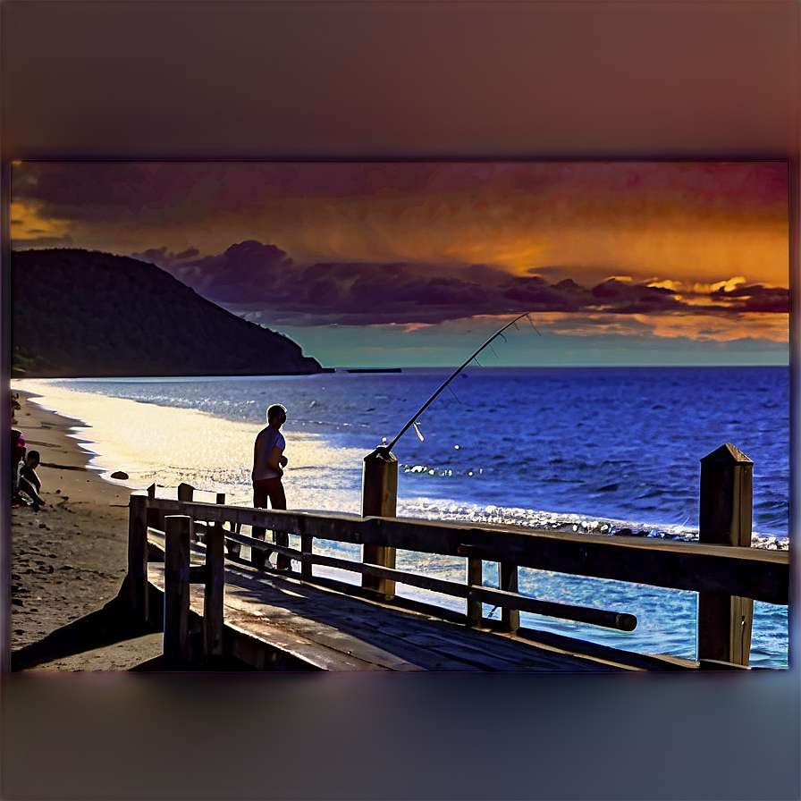 Silhouette of a fisherman casting a line from a wooden pier at sunset over the ocean. — Boardwalk Background
