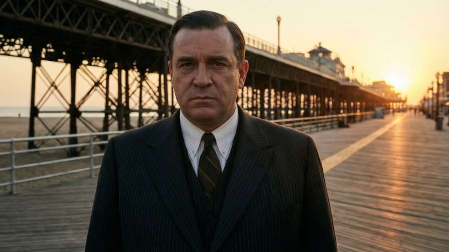 Nucky Thompson silhouetted against the sunset on the Boardwalk. — Boardwalk Empire Wallpaper