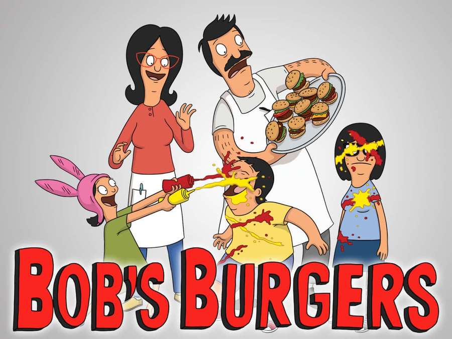 Bob's Burgers family covered in sauce with a tray of burgers. — Bob's burgers Background