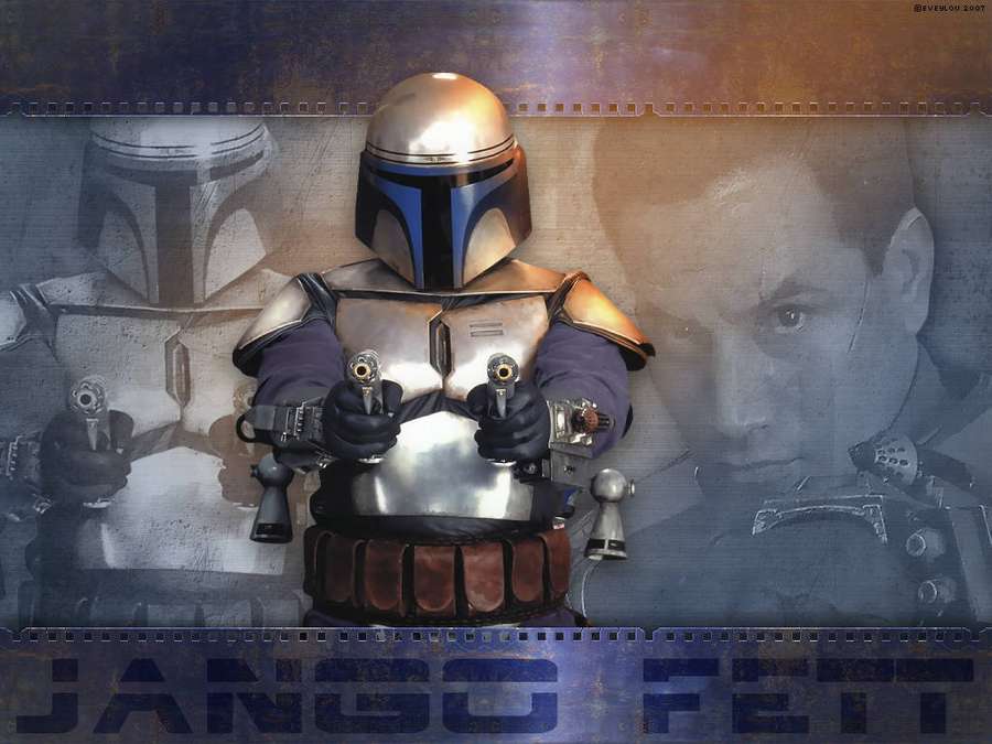 Mandalorian bounty hunter in silver armor holding two blasters with filmstrip border. — Boba Wallpaper