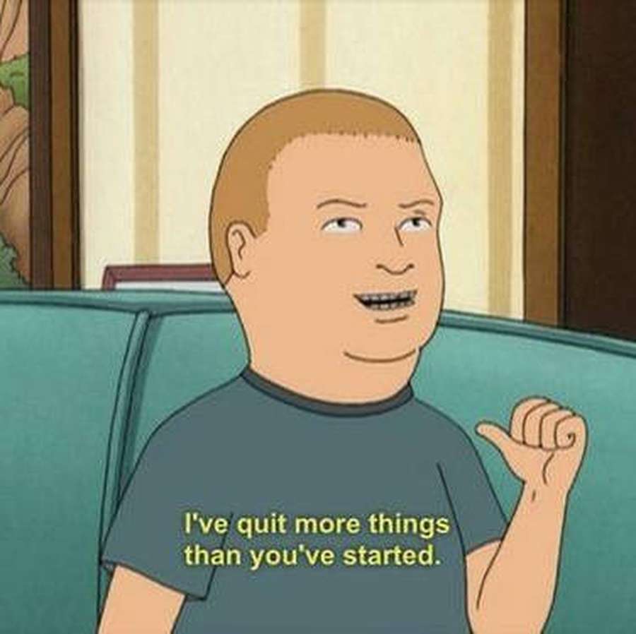 Animated man on teal couch smiling and gesturing with quote text — Bobby Hill Background