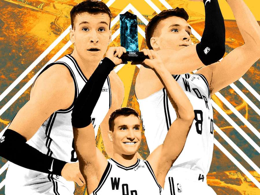 Three basketball players celebrating with a trophy against a bold orange and white background. — Bogdan Bogdanovic Wallpaper