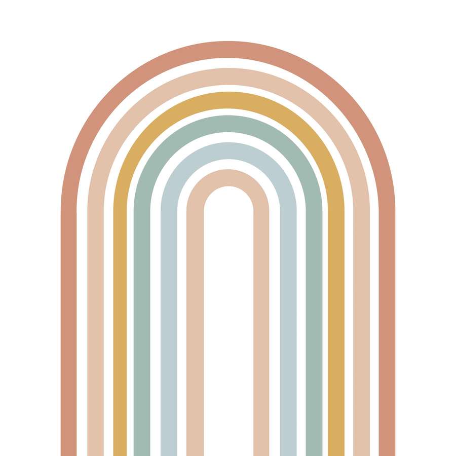 Ein pastellfarbener Regenbogen mit gestreiften Bögen in Pfirsich, Gold, Salbei und Creme auf weißem Hintergrund. — Boho regenbogen Wallpaper