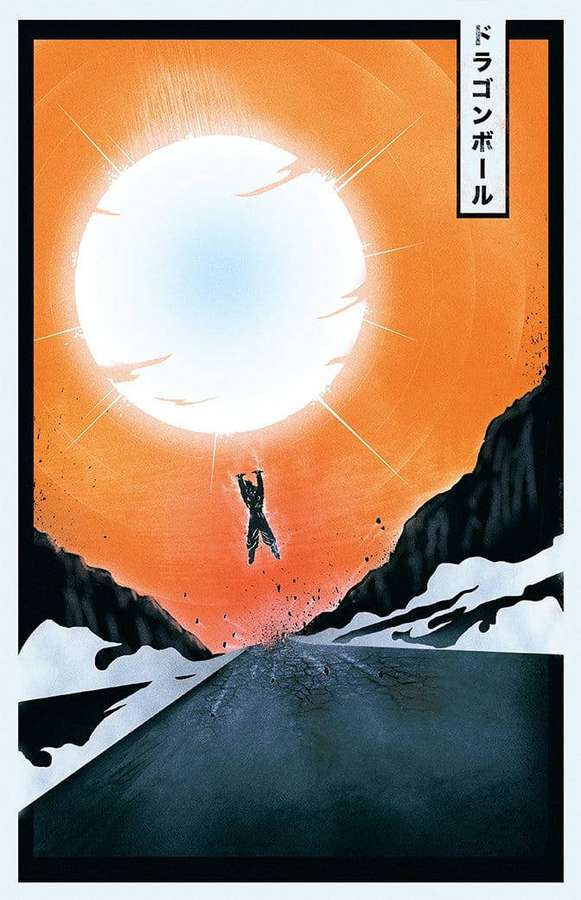 Anime character leaping toward a giant sun between snowy mountains. — Bomb Background