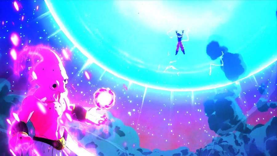 Anime-Charaktere kämpfen in einer kosmischen Arena mit leuchtender Energie und sternenklarem Hintergrund. — Bombe Wallpaper