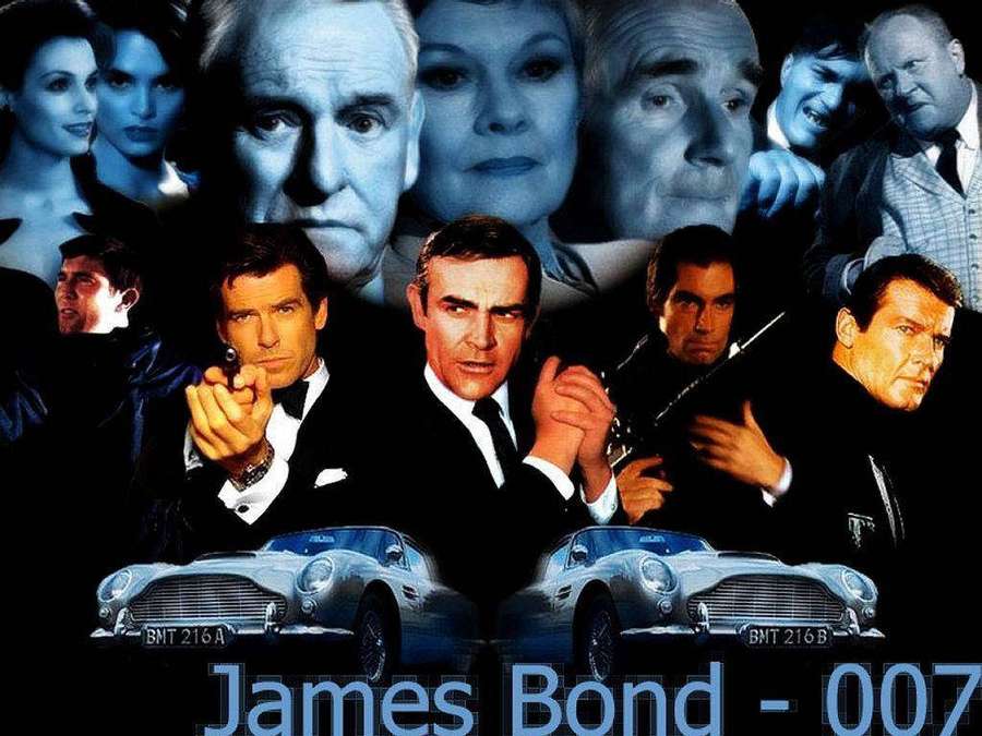 Collage d'affiche de film James Bond avec acteurs et voitures Aston Martin DB5. — Bond Fonds d'écran