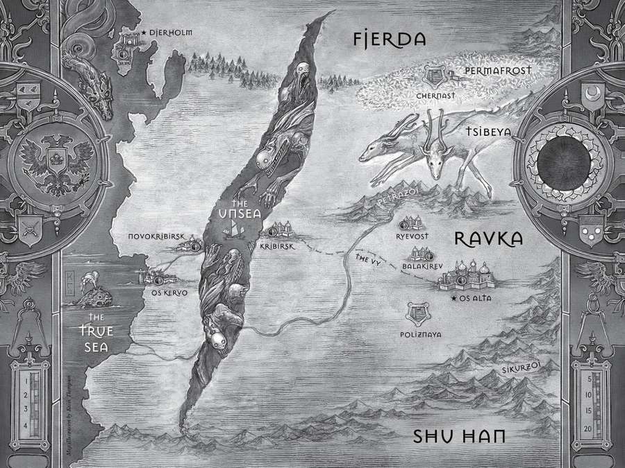 A detailed fantasy map with labeled regions and decorative borders. — Bone Background