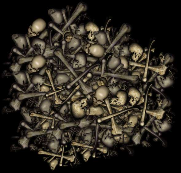 Pile of human skulls and bones on black background — Bone PNG