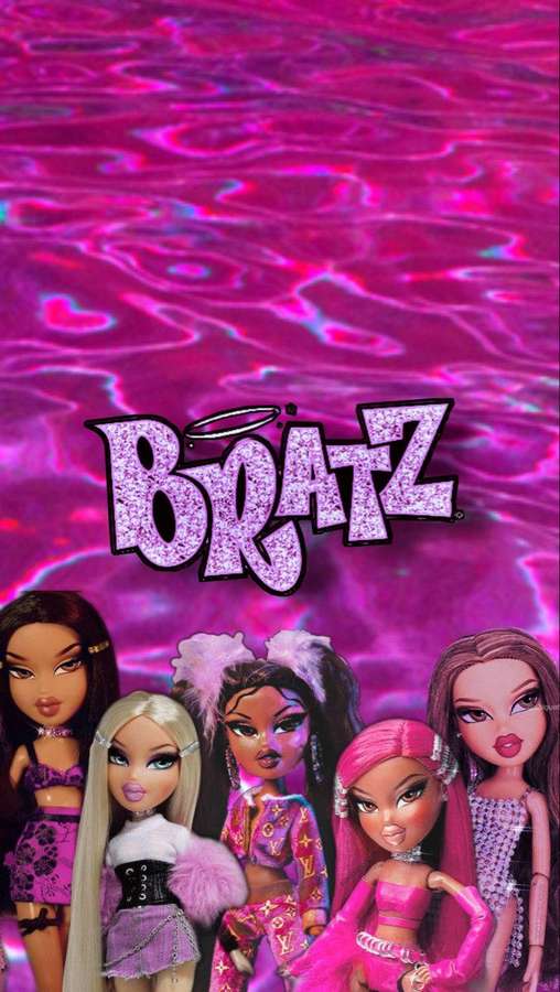 Cinco bonecas Bratz em roupas rosa em um fundo de água rosa brilhante. — Bonecas Bratz Papéis de Parede