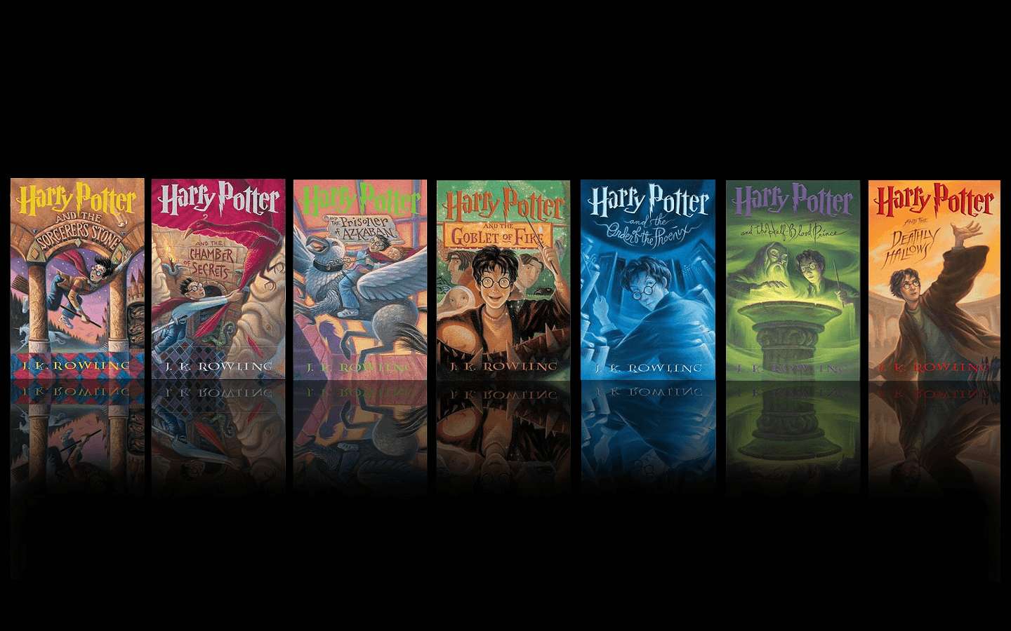 Seven Harry Potter book covers arranged vertically on a black background. — Book Cover Background