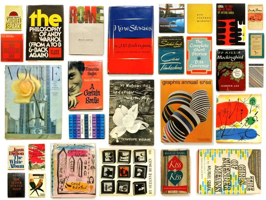 Collection of vintage book and magazine covers with bold designs and colorful typography. — Book Cover Wallpaper