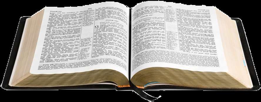 Open Bible with yellowed pages and black text on a dark surface. — Book PNG