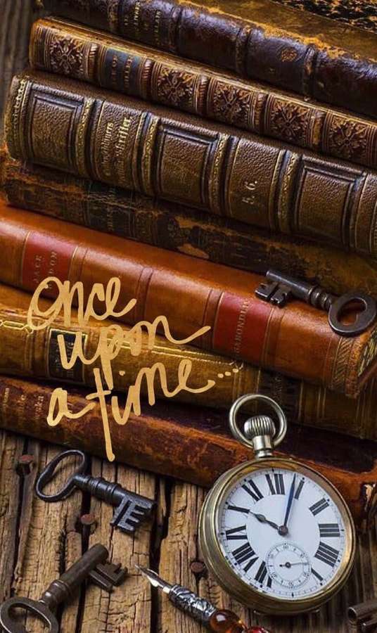 Stabel af gamle bøger med nøgler og lommeur på træoverflade med 'once upon a time' tekst. — Books iPhone Wallpapers