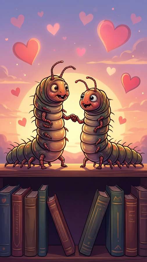 Two bookworms share a romantic walk on a bookshelf at sunset, surrounded by hearts. — Bookworm Wallpaper