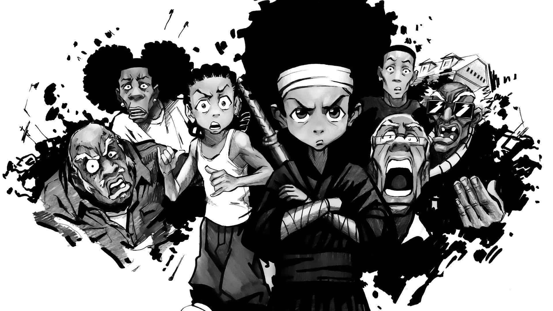 Personajes de anime con expresiones intensas que brotan de un fondo de salpicaduras. — Boondocks Fondos de pantalla