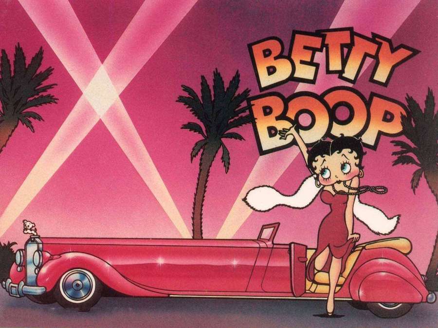 Betty Boop in einem roten Cabrio unter pinken Neonlichtern mit Palmen. — Boop Bilder