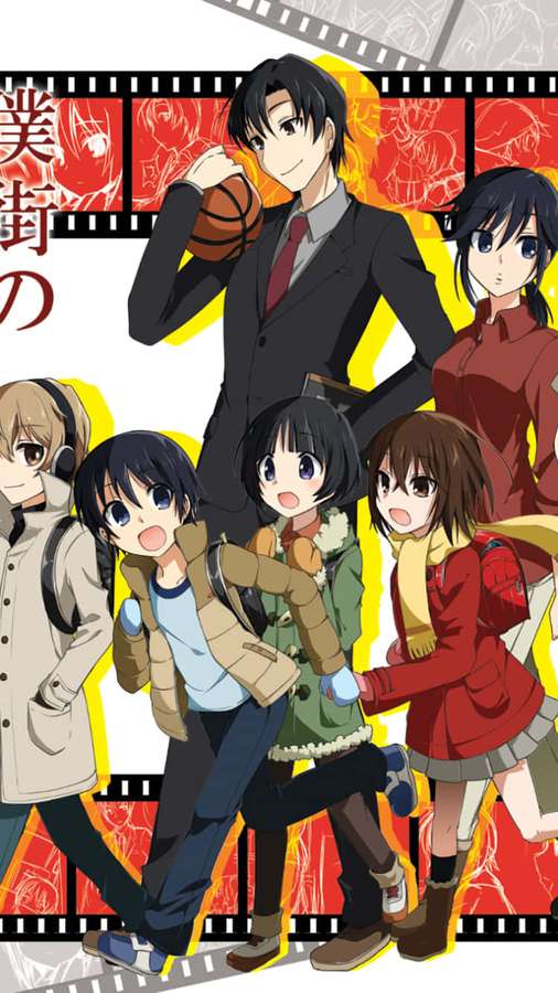 Grupo de anime de cinco adolescentes en ropa escolar y casual posando con baloncesto y fondo de tira de película. — Borrado Fondos de pantalla