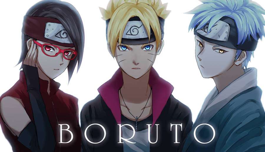 Three Boruto anime characters in ninja attire with serious expressions. — Boruto Background