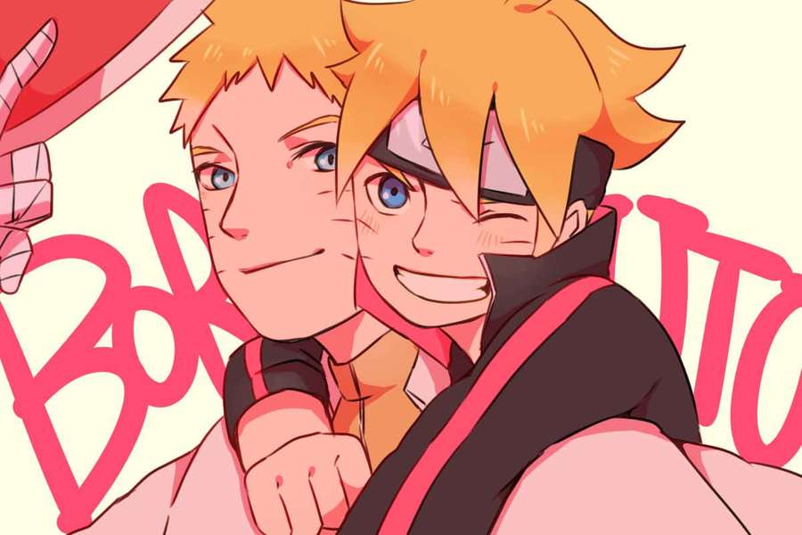 Kaksi hymyilevää animepoikaa, joilla on vaaleat hiukset ja siniset silmät, vaaleanpunaisessa Boruto-aiheisessa kuvituksessa. — Boruto ja Naruto Taustakuvat