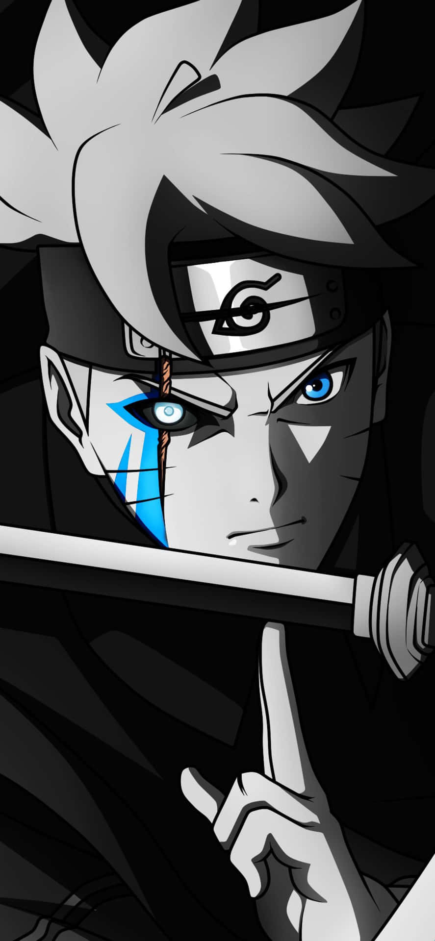 Anime-ninja med blått øye og pannebånd peker finger fremover og holder sverd. — Boruto Naruto Neste Generasjoner Bakgrunner