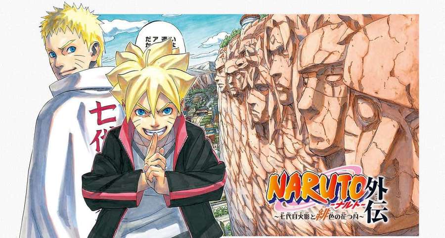 Dos chicos ninja de anime posan frente a un monumento de piedra con rostros tallados. — Boruto y Naruto Fondos de pantalla
