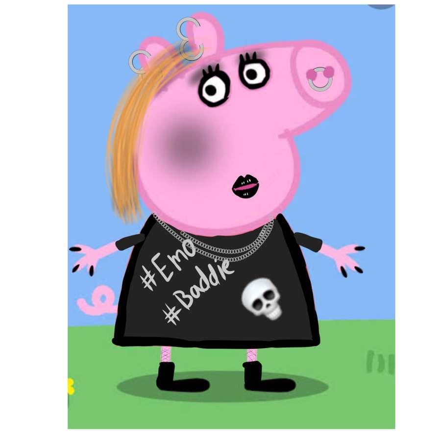 Rosa Zeichentrickschwein in Emo-Outfit mit Piercings und Totenkopfshirt auf Gras stehend. — Bösewicht Wallpaper
