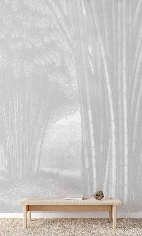 Un banco de madera se encuentra frente a un papel tapiz de bosque de bambú en una habitación minimalista. — Bosque de bambú Fondos de pantalla