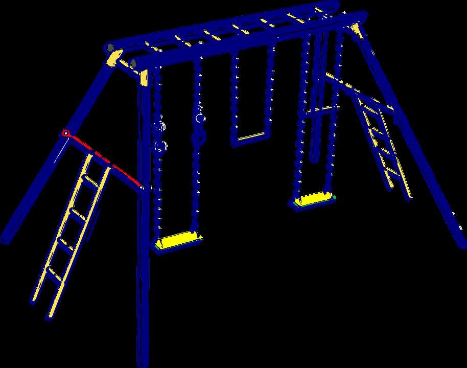 Blaue und gelbe Spielplatzausrüstung mit Schaukeln und Leitern auf schwarzem Hintergrund. — Bounce Bilder