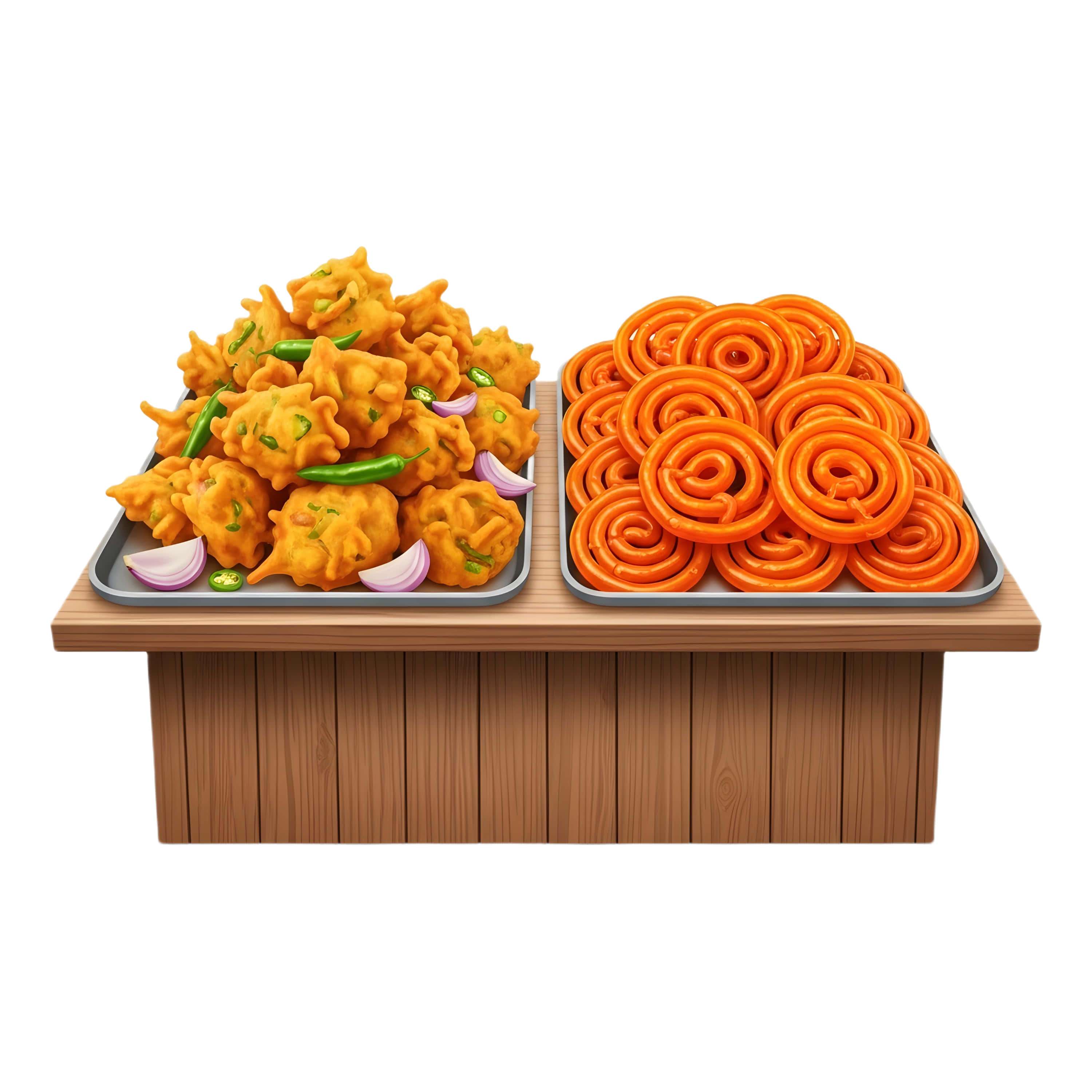 Two trays of Indian street food fritters and spiral sweets on a wooden counter. — Bouquet Background