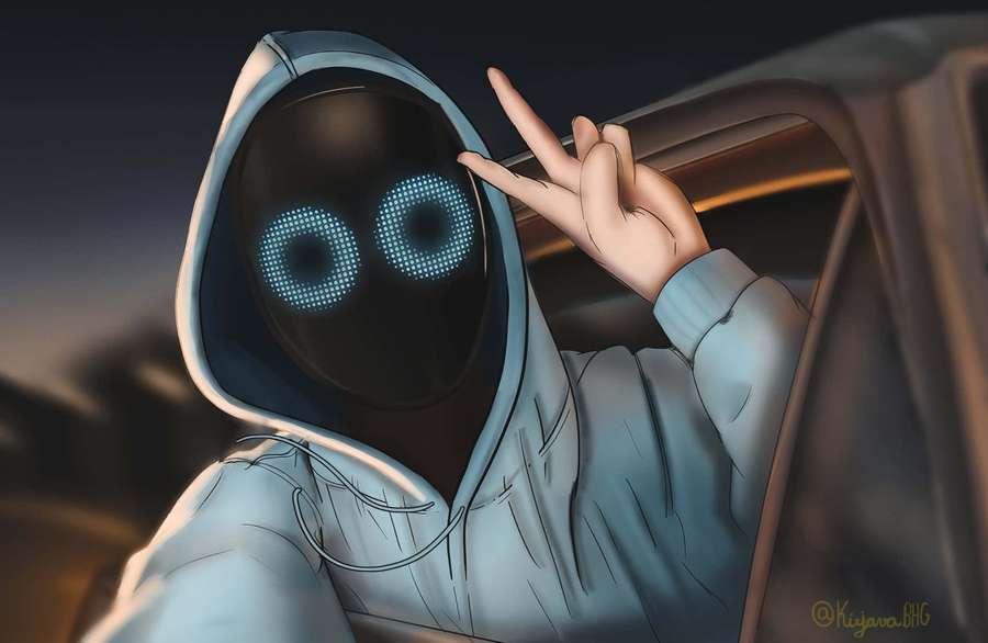 Anime character in hoodie with glowing eyes flashing peace sign from car window. — Boywithuke Wallpaper
