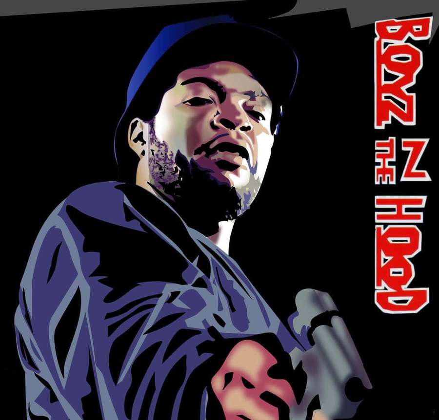 A stylized digital portrait of a man holding a microphone with red text beside him. — Boyz N The Hood Wallpaper