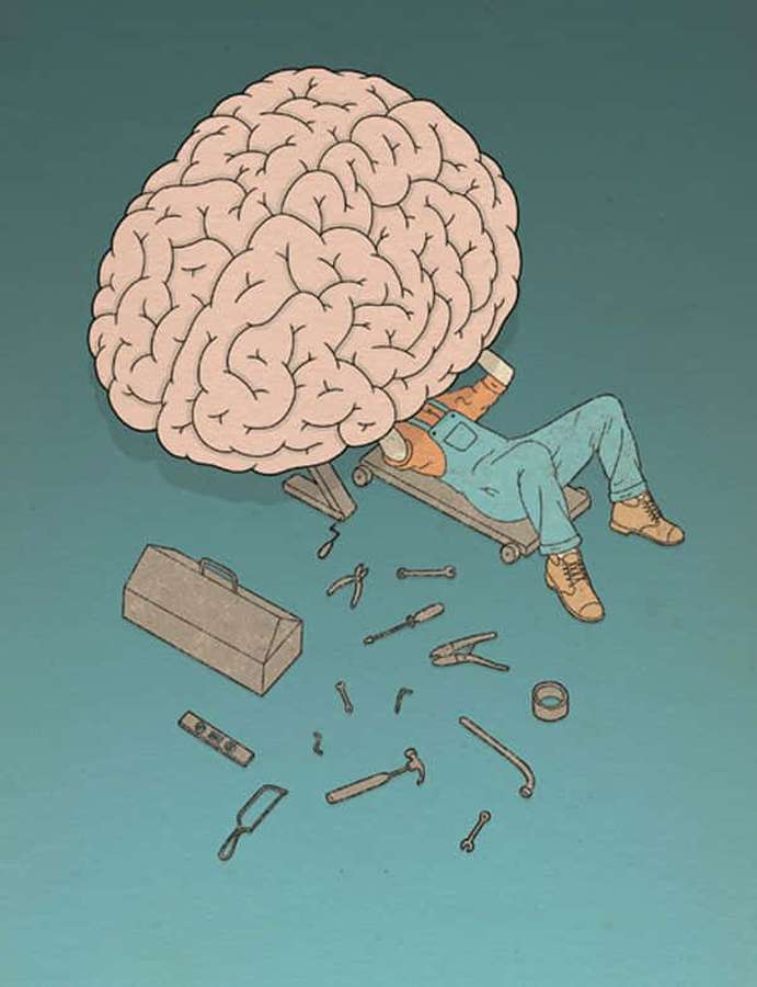Person in overalls lifting a giant brain with scattered tools on a teal background. — Brain Picture