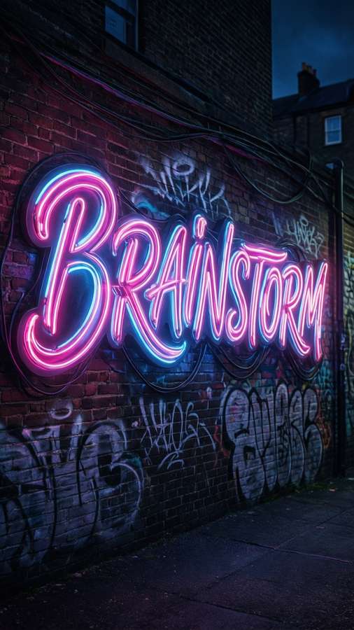 A neon sign spelling 'BRAINSTORM' on a brick wall with graffiti, cyberpunk style. — Brainstorm Wallpaper