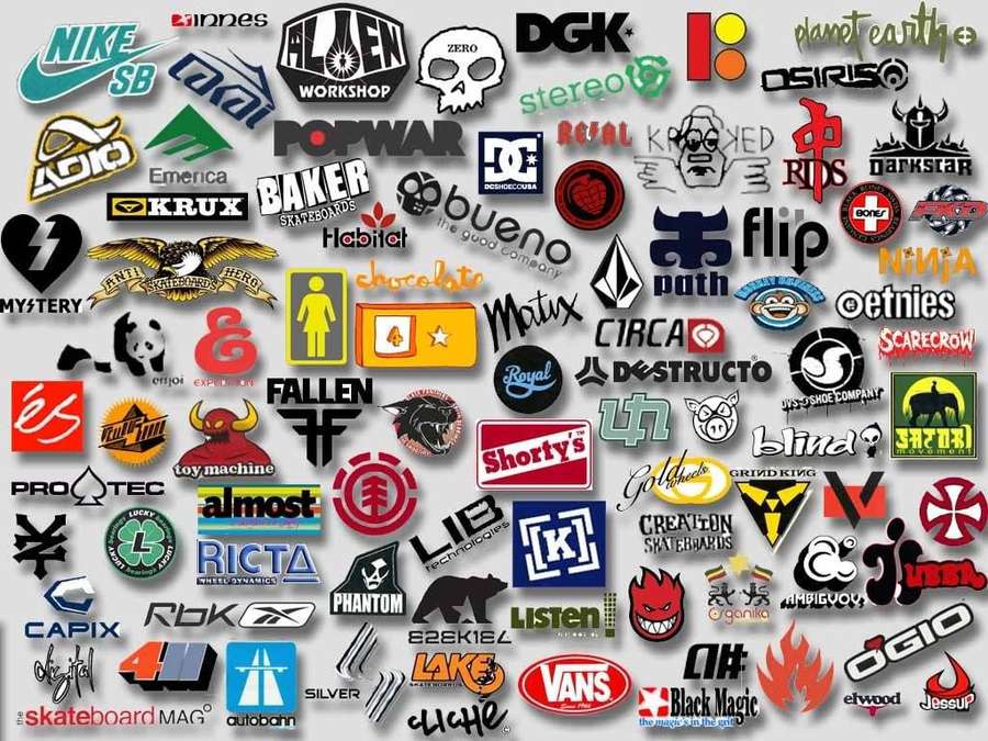 Collection of skateboard brand logos and stickers in various designs and colors. — Brands Background