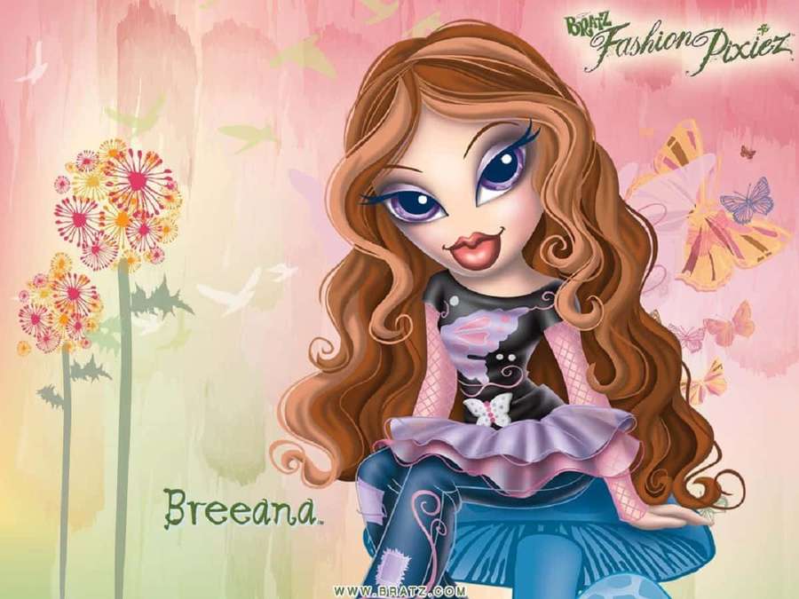 Cartoon girl with long hair and butterfly accessories in a floral fantasy scene. — Bratz Background