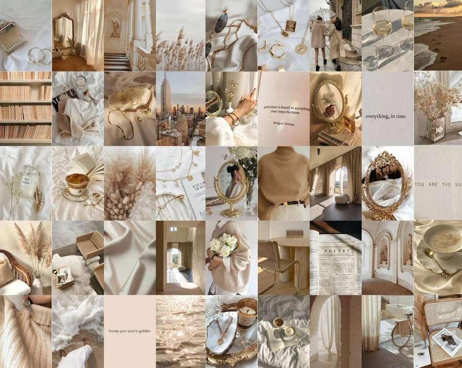 Minimalistische Beige- und Gold-Interieurszenen mit Spiegeln, Büchern und Schmuck. — Brauner Ästhetischer Hintergrundbilder Wallpaper