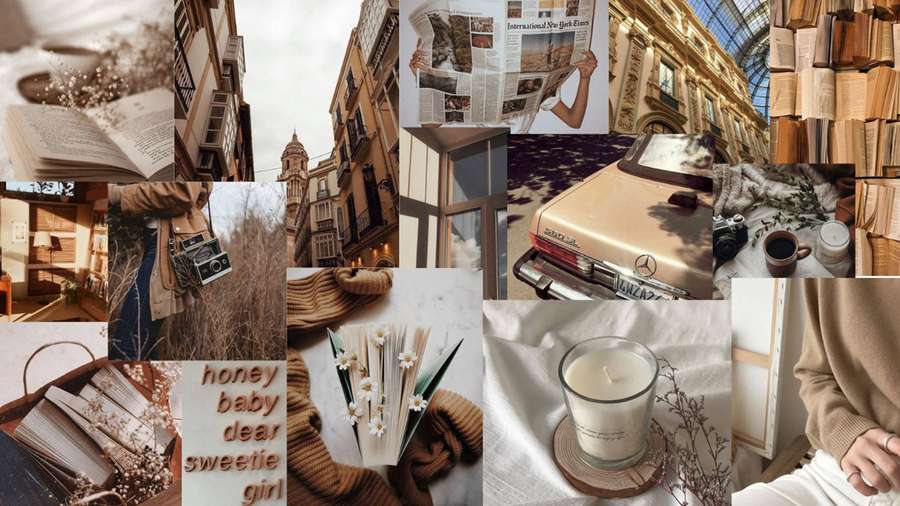 Gemütliche Vintage-Collage mit Büchern, Kaffee, Kamera und Stadtszenen in warmen Tönen. — Brauner Ästhetischer Laptop Wallpaper