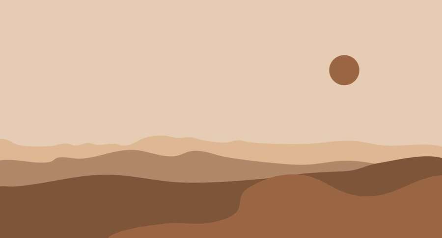 Abstrakte Wüstenszene mit sanften Hügeln und einer untergehenden Sonne in gedämpften Erdtönen. — Brauner Minimalist Wallpaper