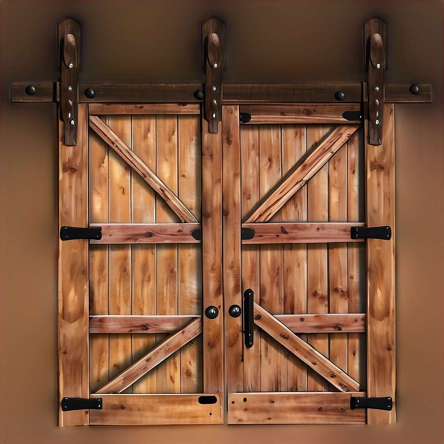 Rustic wooden barn doors with black metal hardware hanging on a wall. — Brick Texture PNG