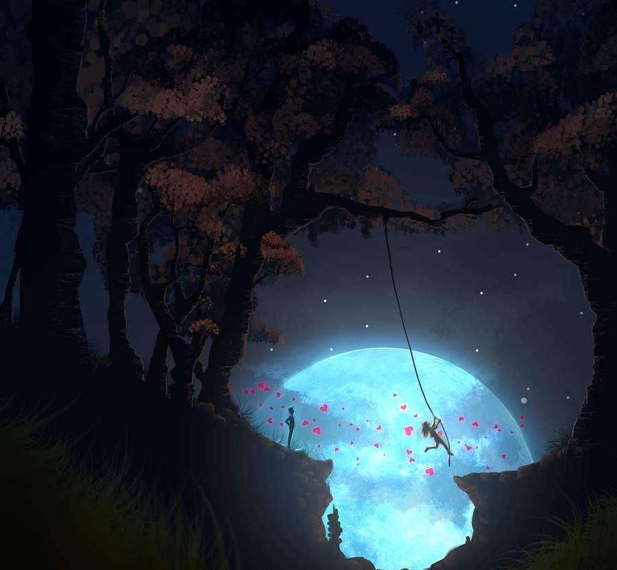 Two silhouettes swing on a rope between cliffs under a glowing blue moon with floating pink hearts. — Bridge To Terabithia Wallpaper