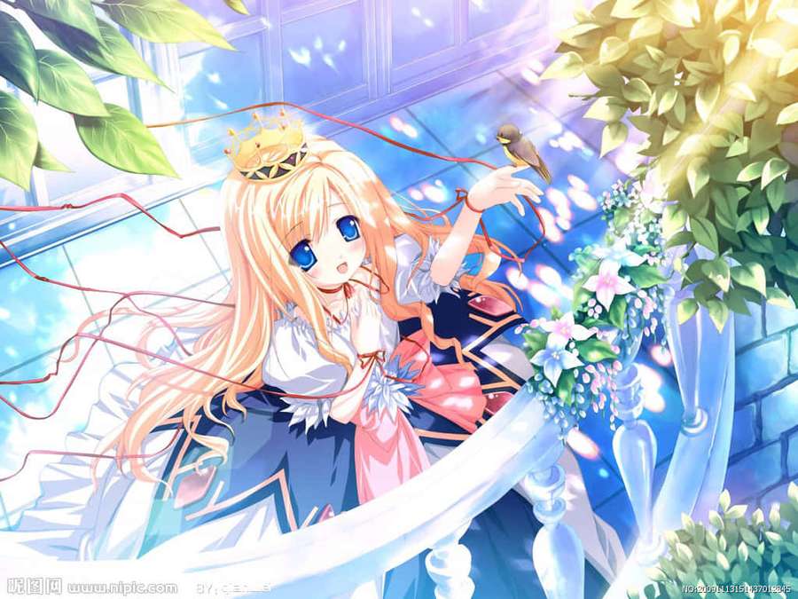Anime girl with crown holding a bird in a sunlit garden. — Bright Anime Wallpaper